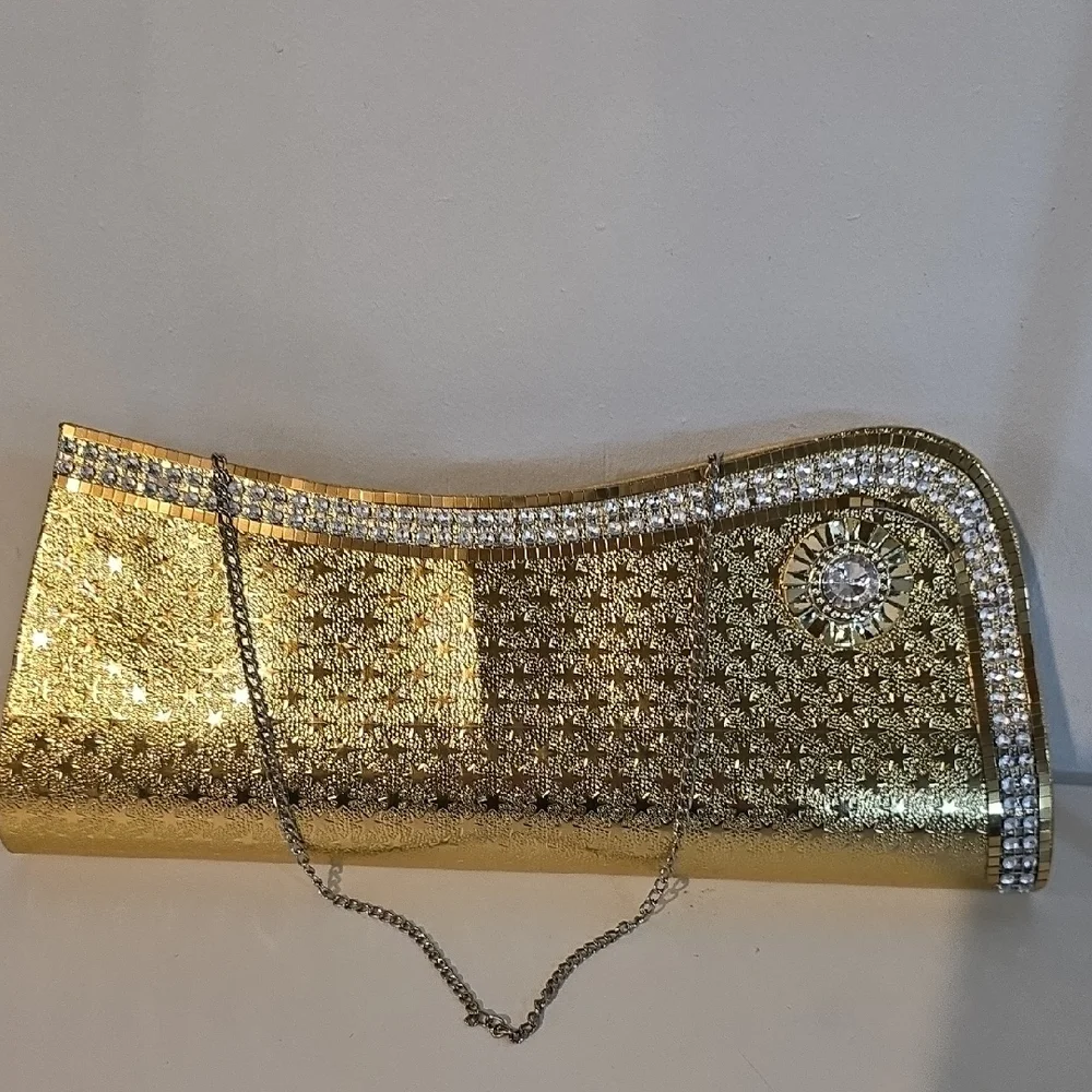 Elegant Gold Clutch with Rhinestone Detailing Evening Cocktails Holidays Medium